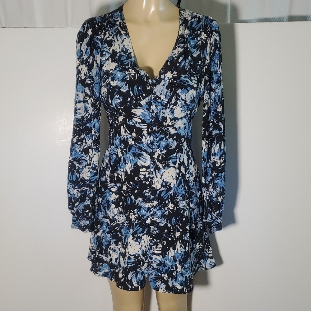 The Kooples Blue and Black V-Neck Long Sleeve Floral Dress Size 1